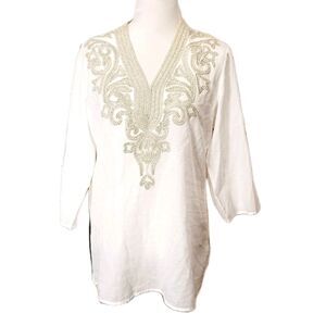 Chico's Women's White Boho Cotton Tunic Top With Sliver Metallic Embroidery
